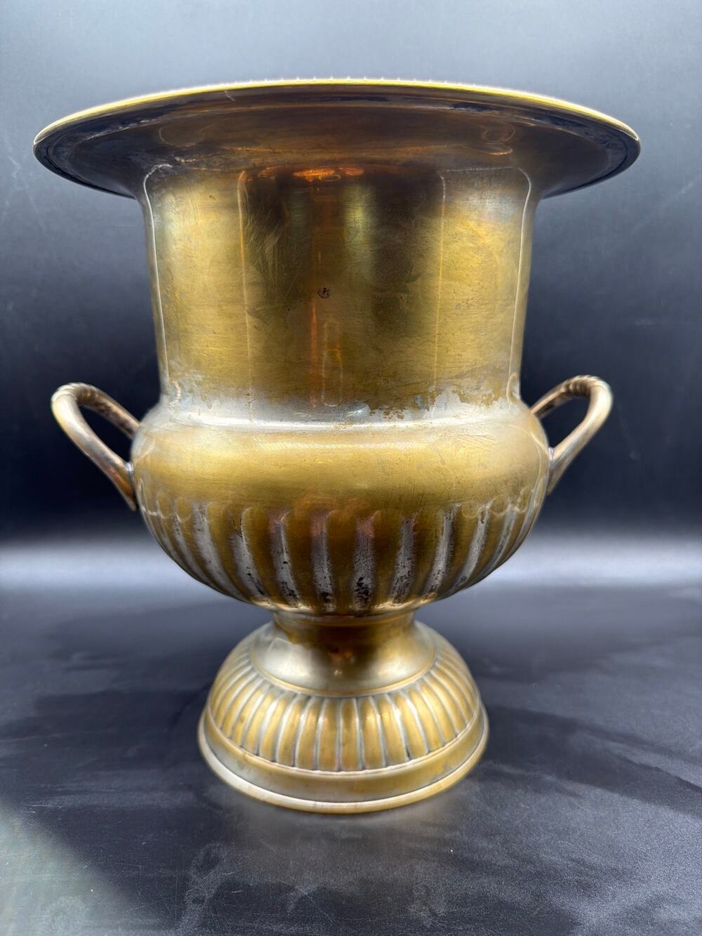 Vintage Brass Urn Vase Planter Trophy Style Handles Pedestal Footed 9.5"